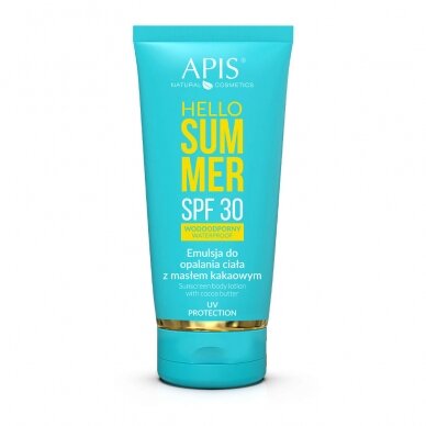 APIS HELLO SUMMER kūno įdegio losjonas su kakavos sviestu ir SPF30, 200 ml