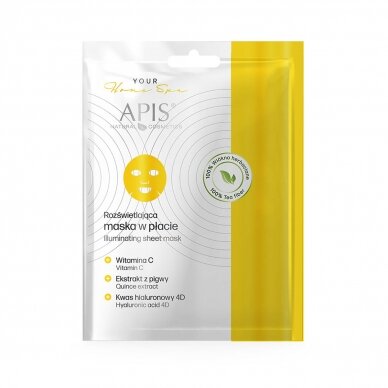 APIS HOME SPA skaistinamoji ir švytėjimą odai suteikianti lakštinė veido kaukė su vitaminu C bei hialurono rugštimis, 20 g.