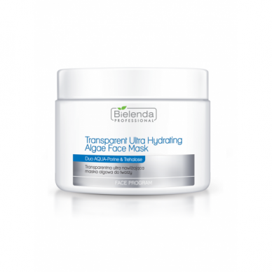 BIELENDA itin drėkinanti alginatinė kaukė veido odai su AQUA-Porine ir Trehalose kompleksais TRANSPARENT ULTRA HYDRATING ALGAE FACE MASK, 190 g.