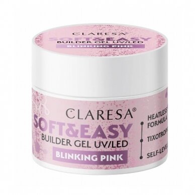 CLARESA statybinis gelis nagų priauginimui SOFT&EASY GEL BLINKING PINK, 45 g.