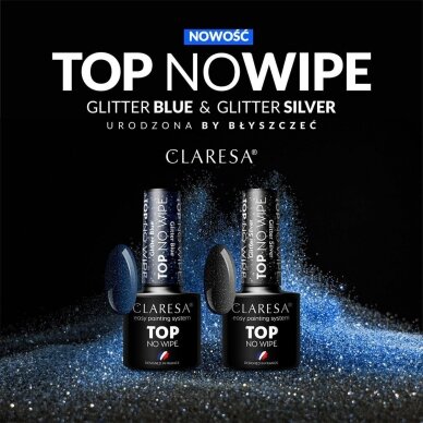 CLARESA TOP NO WIPE hibridinis viršutinis ilgalaikio gelinio lako apsauginis sluoksnis Glitter Silver, 5g. 1