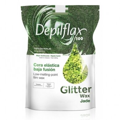 DEPILFLAX žemos lydymosi temperatūros žėrintis elastinis vaškas profesionalioms depiliacijos procedūroms GLITTER WAX, 1 kg.