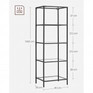 Display showcase for goods with glass shelves for beauty salons and hairdressers, black metal color