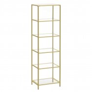 Display showcase for goods with glass shelves for beauty salons and hairdressers, gold metal color