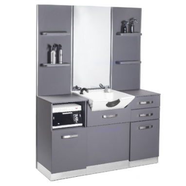 GABBIANO professional shelving system for hairdressers and barbershops with head washer and mirror B085, gray color