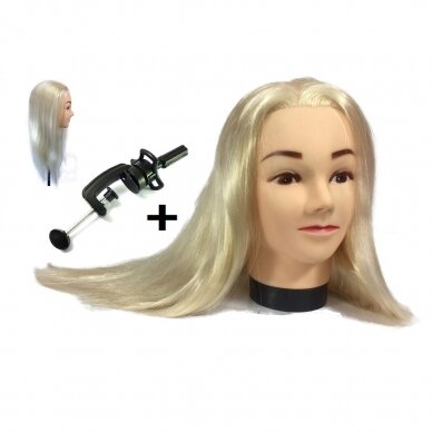 Head for professional hairdressing training ANETA BLOND (55 cm synthetic hair) + holder