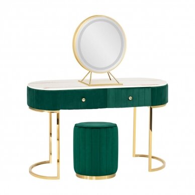 Make-up table with a gold frame, decorated with green velor