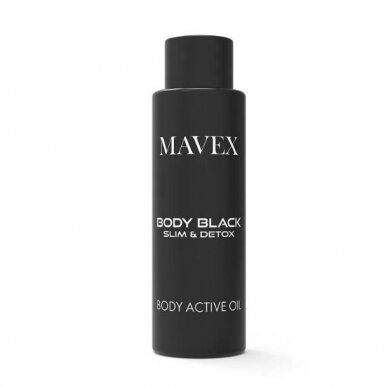 MAVEX Body Black kūno stangrinimo ir linijų formavimo masažo aliejus su juodaisiais pipirais ir paprikos ekstraktu, 100 ml