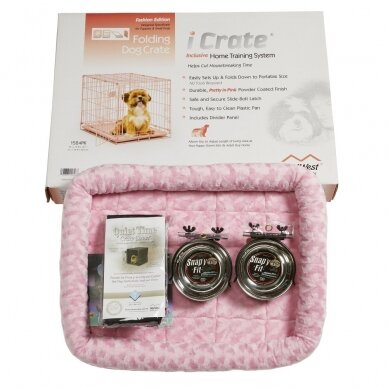 Dog cage with bed, cover and 2 bowls, size S, 61x46x48 cm, pink color 1