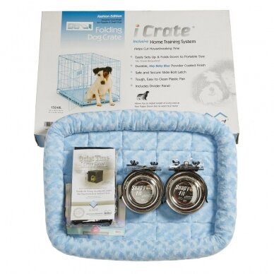 Dog cage with bed, cover and 2 bowls, size S, 61x46x48 cm, blue color 1