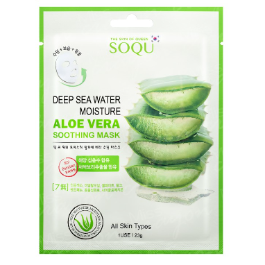 SOQU ALOE VERA 99% lakštinė gelinė veido odos kaukė su alavijais ir jūros vandeniu, 23 g.