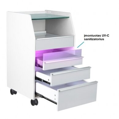 Profesionalus podologinis vežimėlis-spintelė kosmetologams 984 su įmontuota UV-C įrankių dezinfekavimo lentynėle, pilkšvos spalvos 3