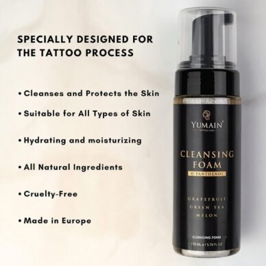 YUMAIN TATTOO CARE valomosios odos putos CLEANSING FOAM su D-Panthenoliu bei žaliosios arbatos ekstaktais, 170 ml 2